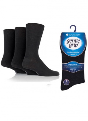 Mens 3 Pack Gentle Grip Plain Black Socks